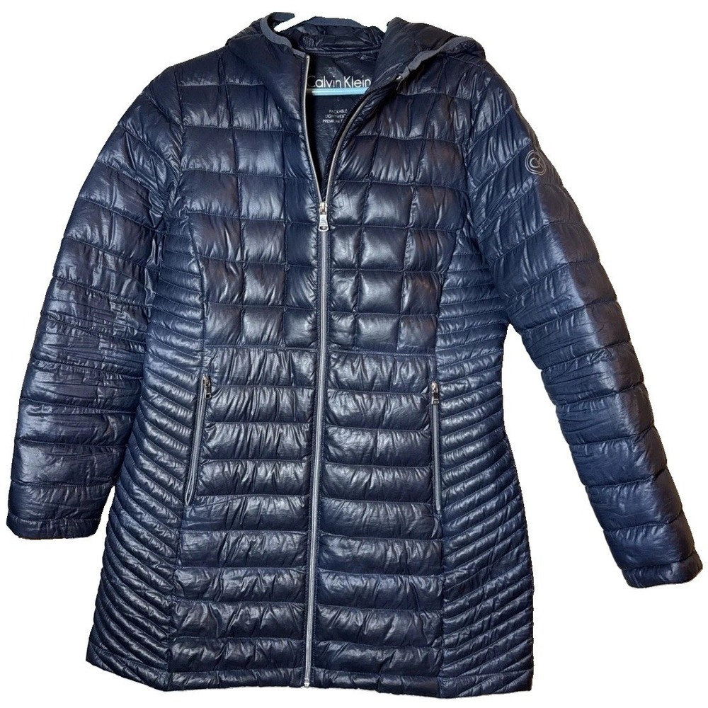 Calvin Klein Packable Premium Down Puffer Coat Womens L Blue Hooded Jacket